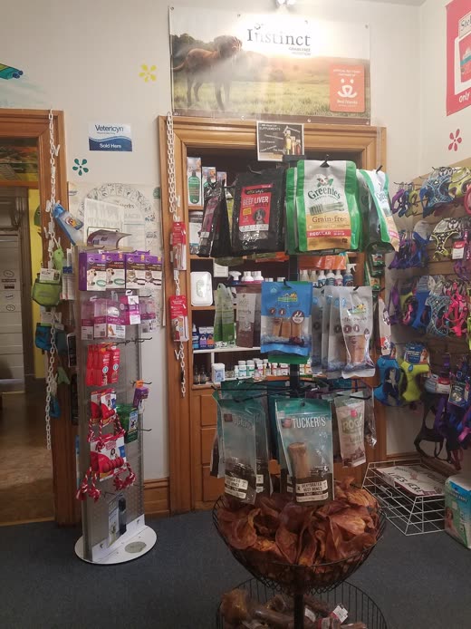 Display stand of packaged treats and chews beside hanging toys